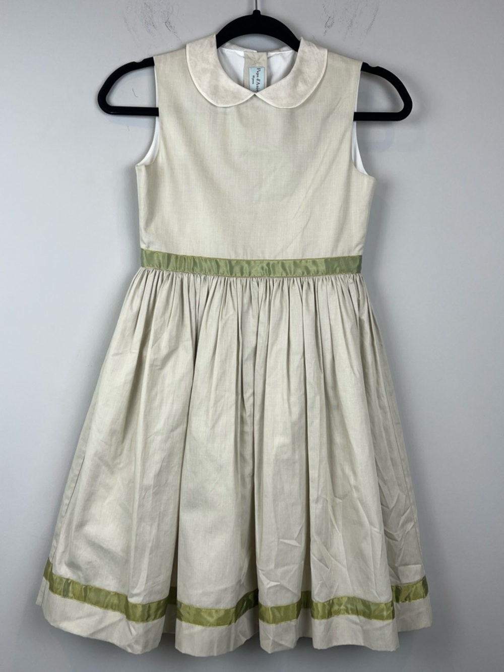Papo d'Anjo Like-New Party Dress Peter Pan Collar Cream Green Trim Size 10